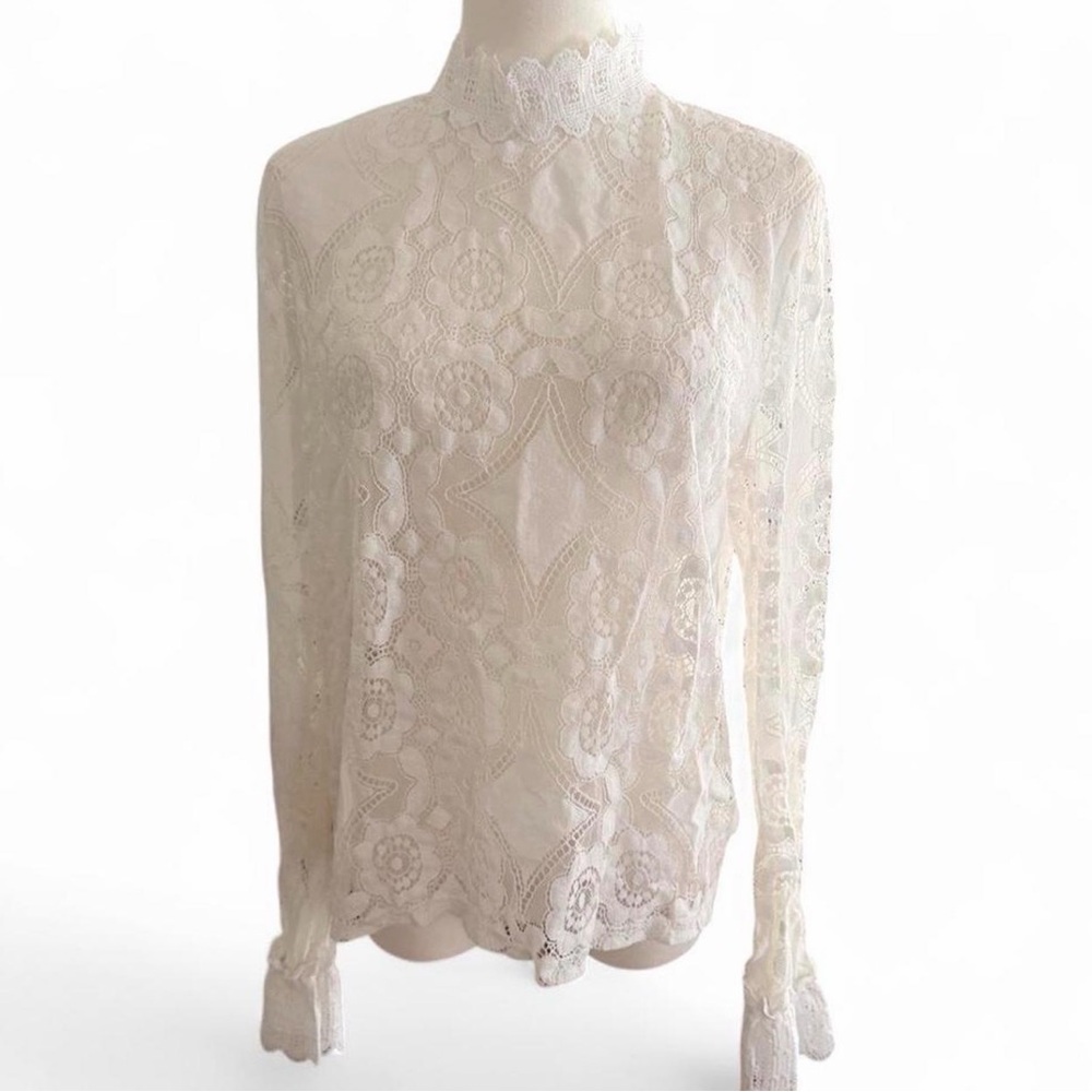 French Girl Lace High-Neck Long-Sleeve Top - Cream